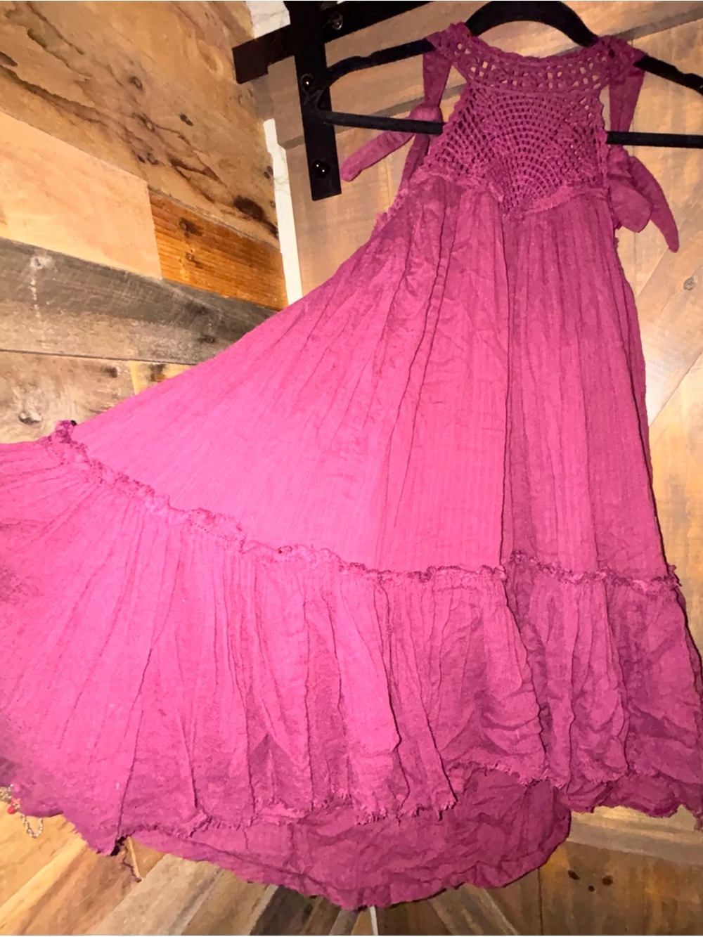 Free People Crochet Yoke Magenta Tiered Sundress w/ POCKETS